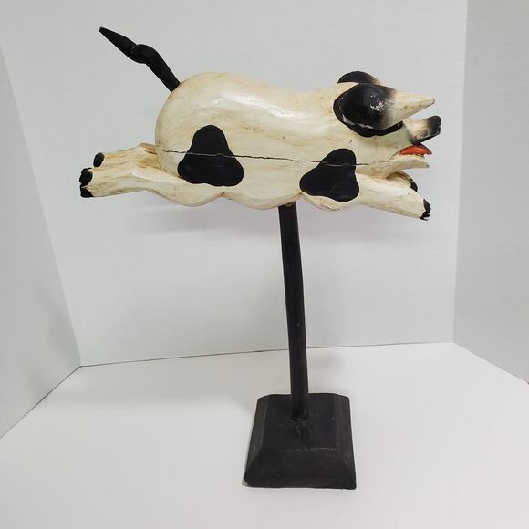 Set of 2 Flying Pig & Cow Jumped Over Moon Carved Wood Figurines Folk Art Vtg? - Picture 10 of 16